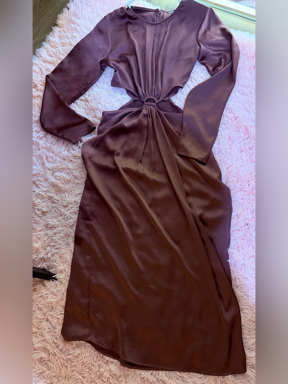Express Satin Long Sleeve Cutout Dress in Chocolate Brown